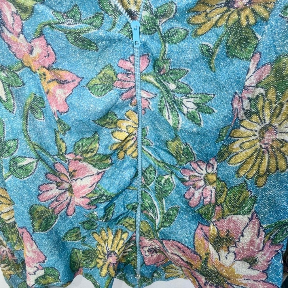 70s Disco Glam Metallic FloralVintage Zip Jacket Bouncing Bertha Blue Pink Sz 9 - Picture 10 of 13